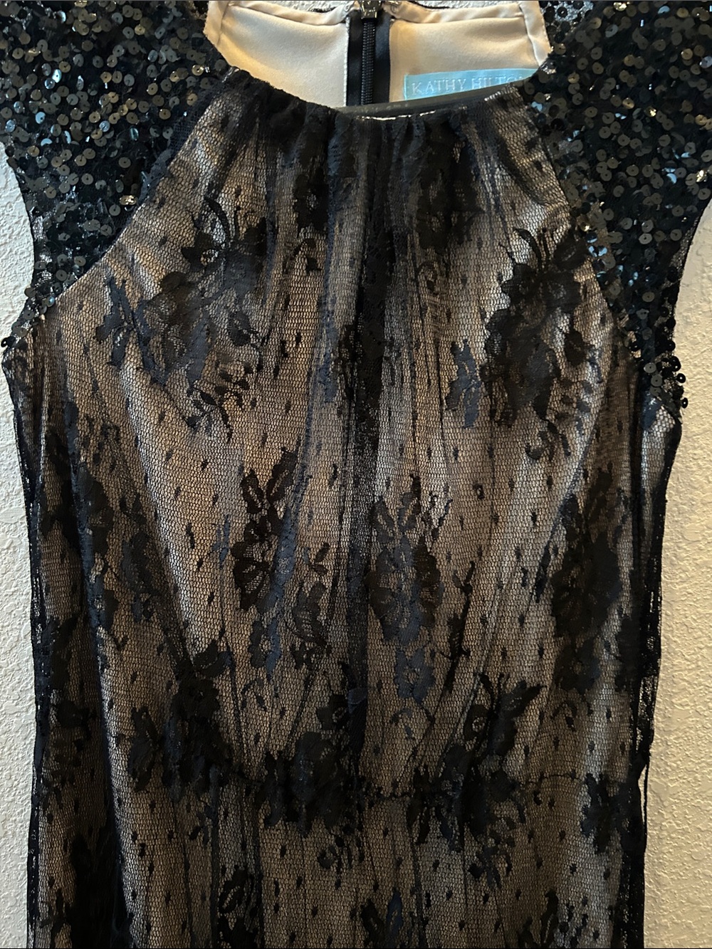 Kathy Hilton dress 2 Short black lace beaded Sequins body con EUC